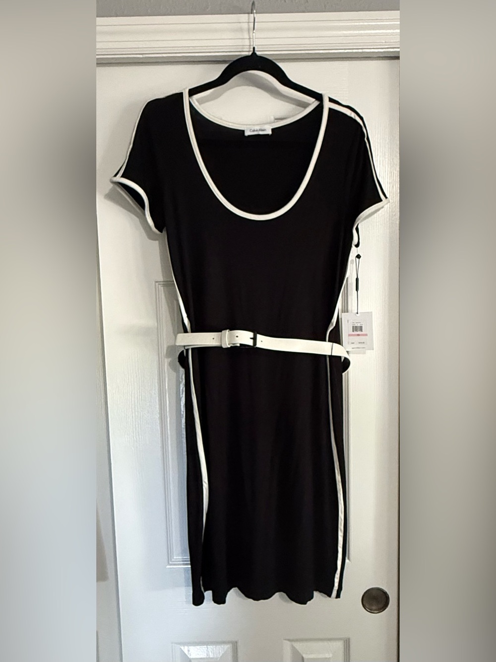 Calvin Klein Black Dress with White Trim and Belted Waist